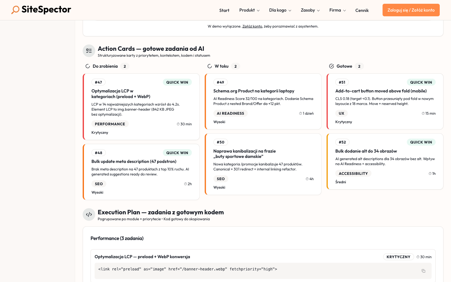 Action Cards w widoku kanban — do zrobienia / w toku / gotowe, z priorytetem i Quick win