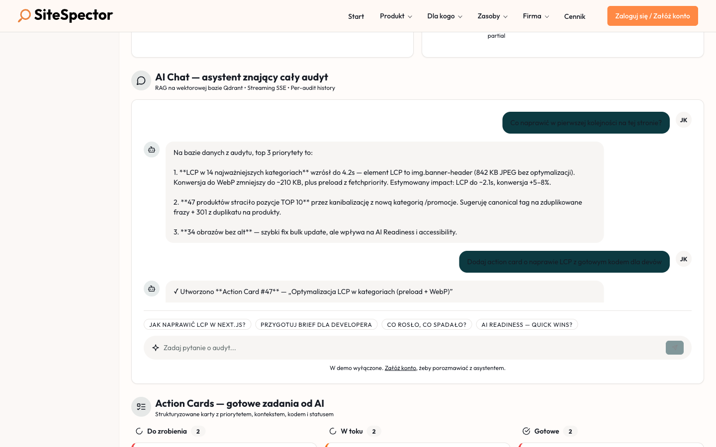 AI Chat panel — asystent znający cały audyt z RAG na Qdrant, predefiniowane pytania per persona